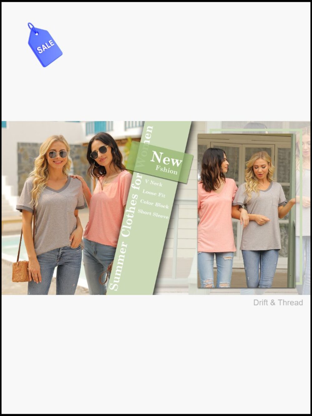 V-Neck Pocket Tee Loose Fit Short Sleeve Summer Top Stretchy Fabric - Picture 7 of 7